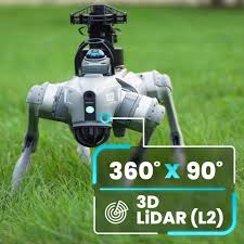 Unitree Go2 robot dog with 360 degree 3D LiDAR sensor walking on grass